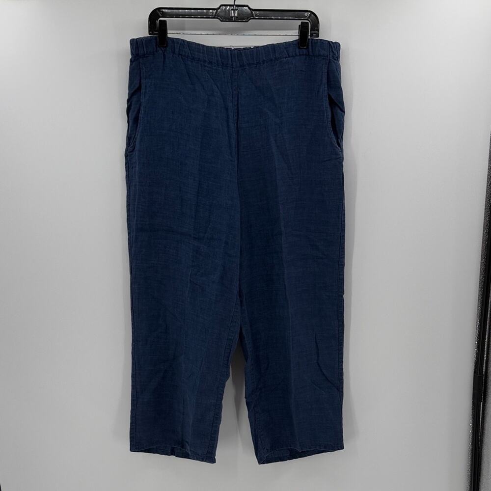 FLAX Women's 100% Linen Pull on Crop Pants - Blue - Small